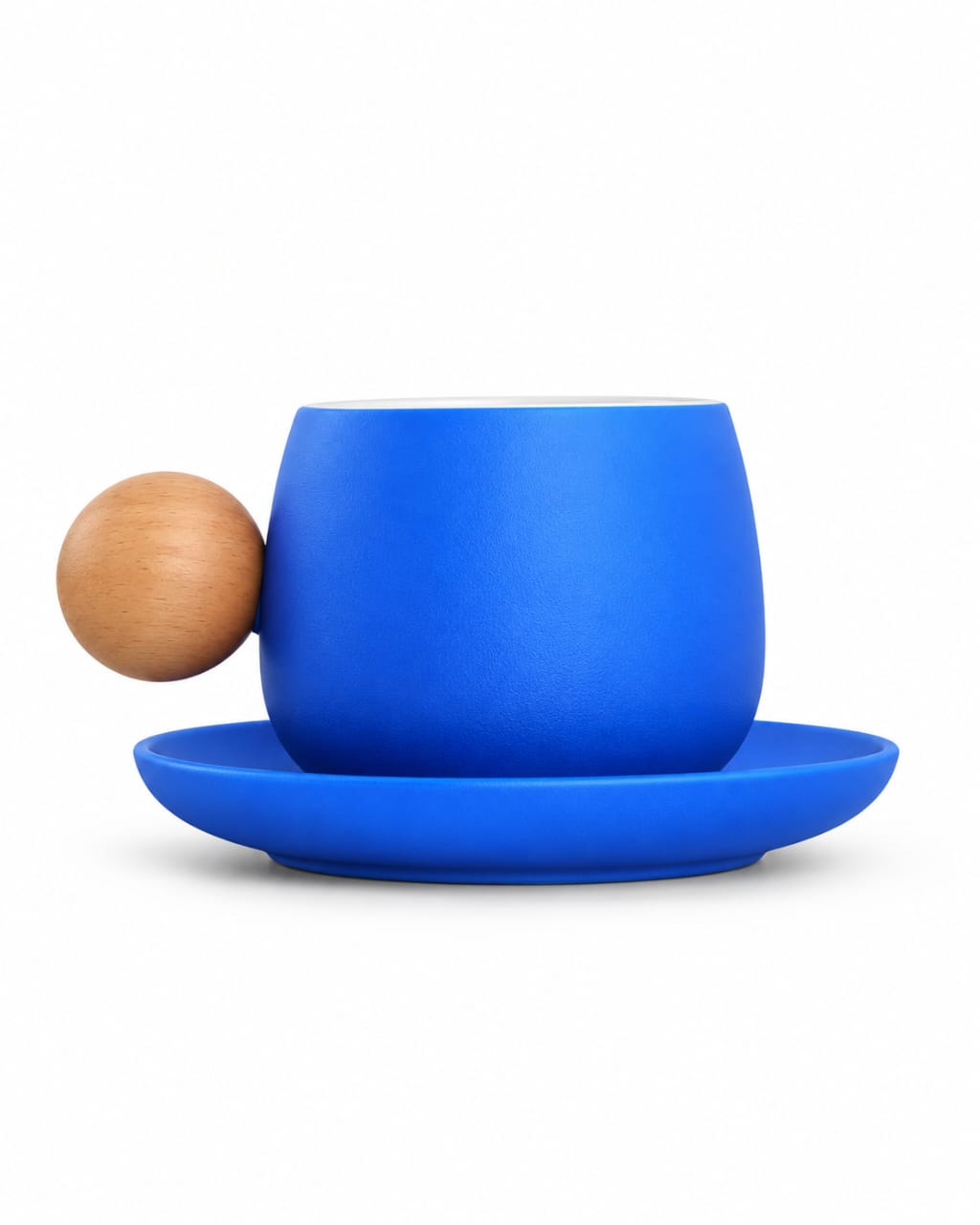 Modern Wooden Handle Ceramic Mug with Saucer