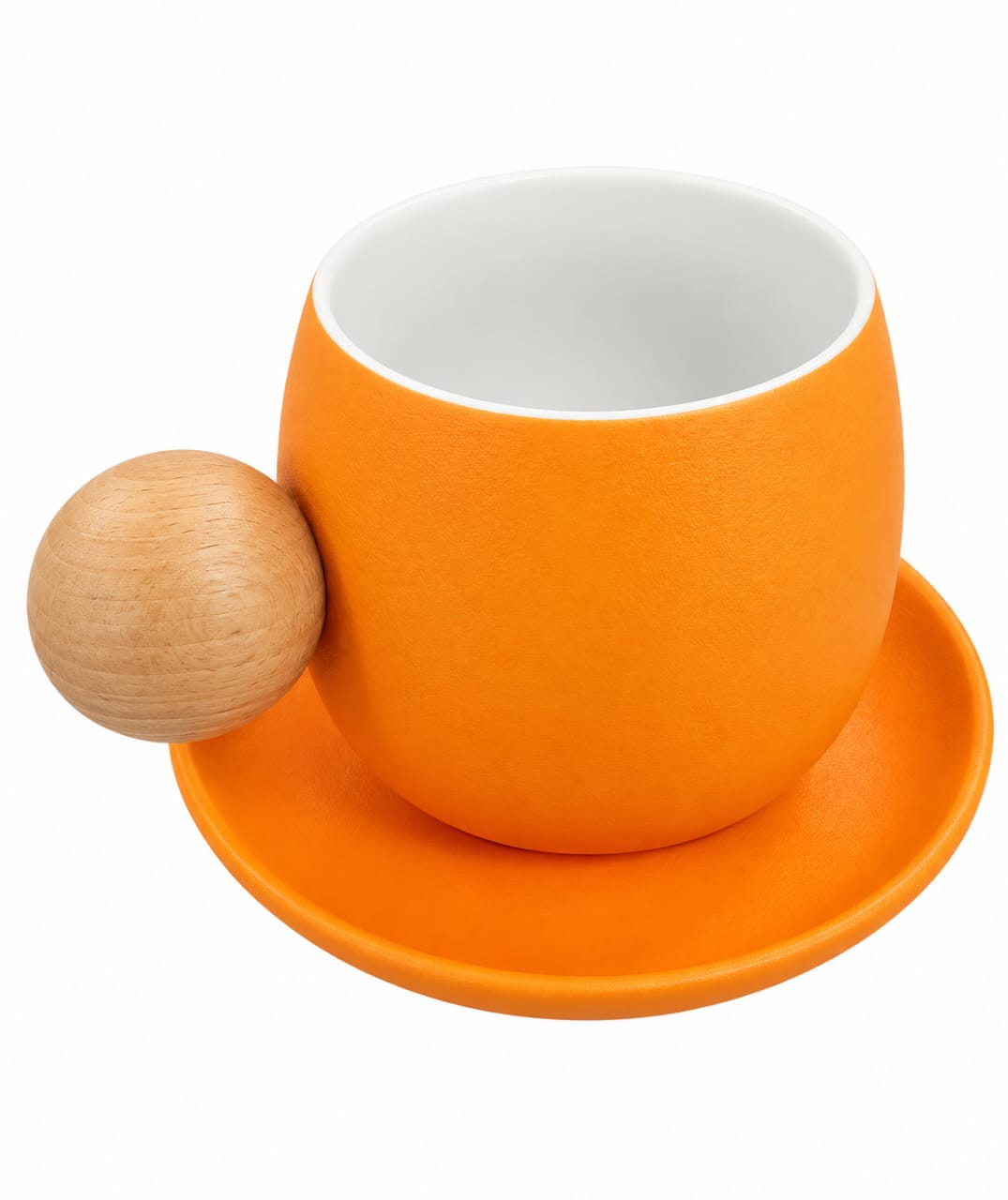 Modern Wooden Handle Ceramic Mug with Saucer