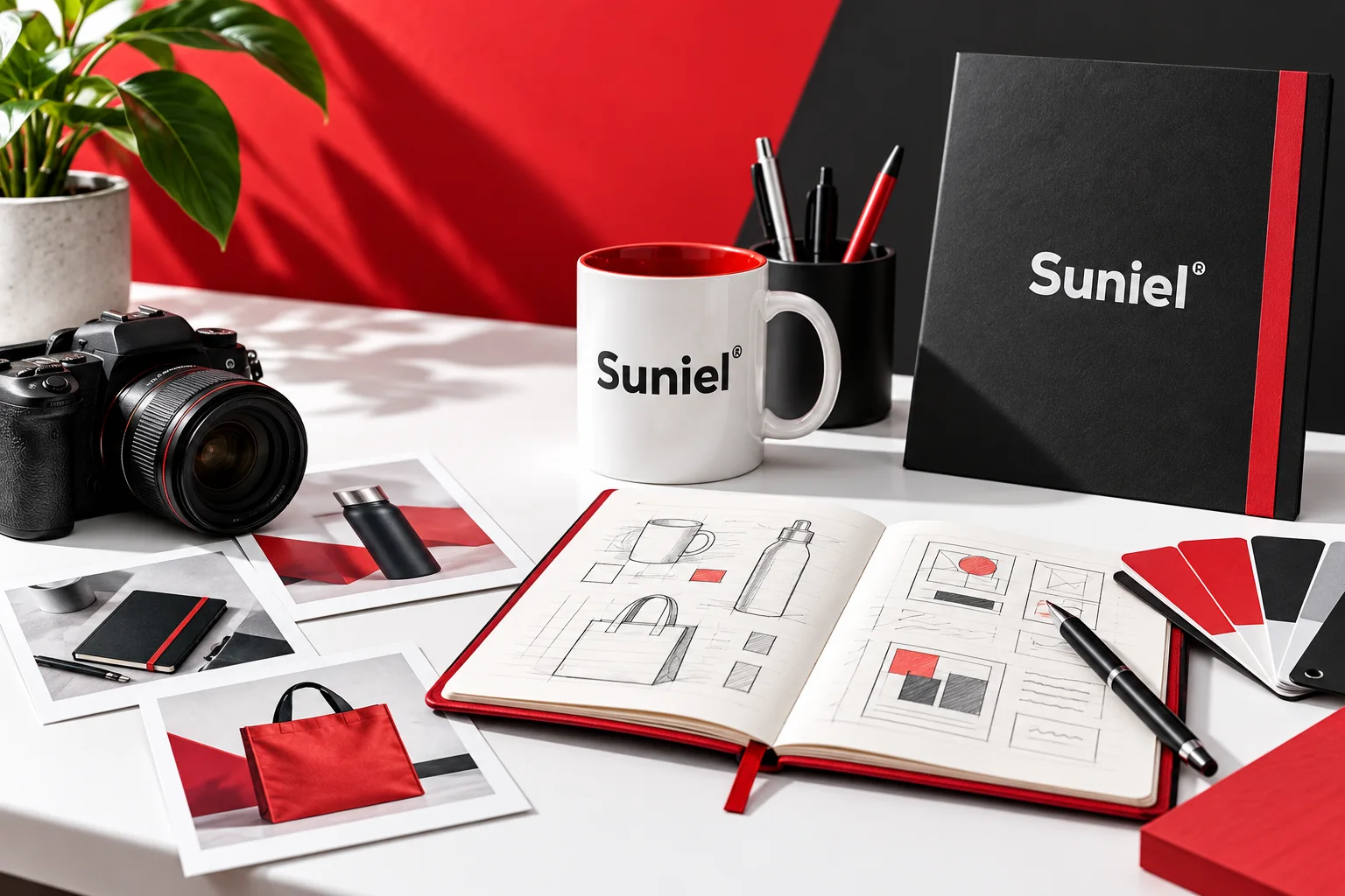 Suniel branded corporate gifts arranged in a graphic studio setting
