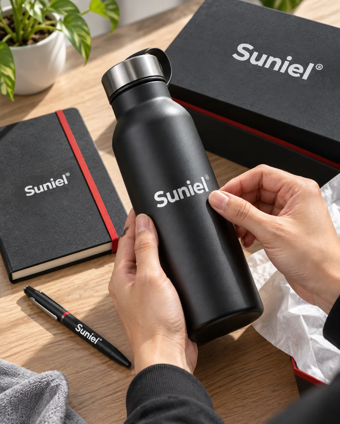 Suniel branded bottle, notebook and gift packaging being quality checked