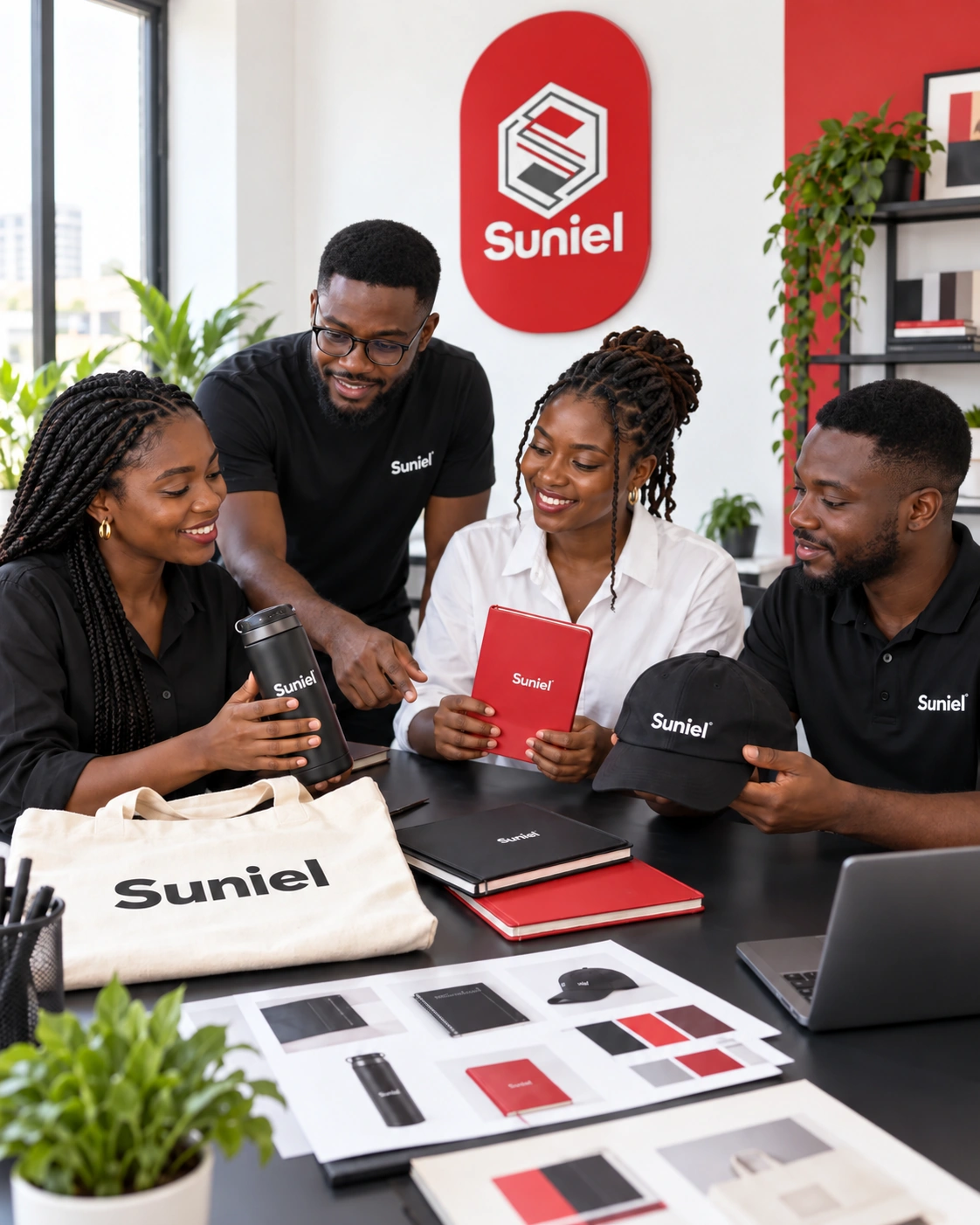 Suniel creative team reviewing branded merchandise